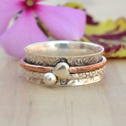 Fidget Spinner Ring Handmade Fiddle Women Ring, Statement Two Tone Sterling Silver And Cooper Chunky Ring , Unique Gift