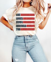 Faux Sequins America Sublimation Designs, She loves jesus and america too, 4th Of July Png, Independence Day png, Retro