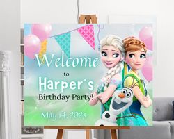 Frozen Birthday Welcome Sign, Easy Editable Template Frozen Fever Party, Elsa Birthday Sign Poster with Anna Olaf