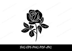 Large Black Only Simple, Easy, Beautiful Full Bloom Rose on Stem with Decorative Leaves - Digital Download ,Single