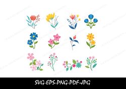 Cute Flower svg Bundle, Gardening flower icon svg, Flat flowers,clipart vector,svg,png,pdf,stencil,cut file for