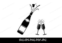 champagne bottle svg, champagne glasses svg, celebration svg, cork pop vector, wedding svg, party png, bottle sil