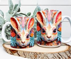 3d rabbit mug, bright floral mug wrap, easter mug design, 3d flower mug, 3d mural mug, 11oz 15oz mug sublimation wrap, d