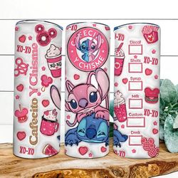3D Inflated Stitch Valentine Tumbler PNG, Stitch And Angle Valentine Tumbler Wraps, Cafecito Y Chisme Valentine Tumbler