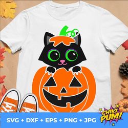 Cat in Halloween pumpkin svg, Funny Halloween cut file, Cute black cat, Autumn Kids shirt, Silhouette Cricut