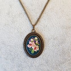 Ribbon embroidered flowers on pendant, 4th wedding anniversary gift, custom embroidery bouquet