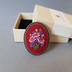 Hand embroidered brooch bordo color for her, embroidery jewelry, Mother day gift, ribbon embroidery,art.27