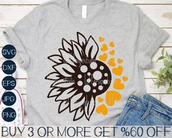 Sunflower SVG, Valentines Day SVG, Hearts SVG, Half Sunflower Png, Valentine Shirt Svg, Svg Files For Cricut, Sublimatio