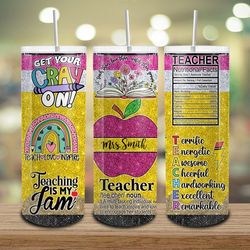 Personalized Teacher 20oz Skinny Tumbler Png, Pink Teach Love Inspire Png, Glitter Teacher Life Tumbler Wrap, Faux Sequi