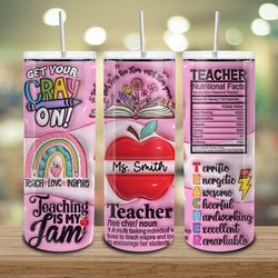 Personalized Pink Teacher 20oz Skinny Tumbler Png, 3D Inflated Teacher Life Tumbler Wrap, Teach Love Inspire, Puffy Teac