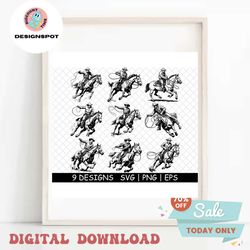 Cowboy Roping Rodeo Western Cattle Lasso Ropers Ranch PNG,SVG,EPS Cricut Silhouette Cut Engrave Stencil Sticker,Decal,Ve