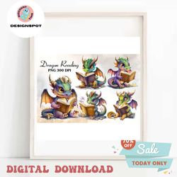 Dragon Reading Book Sublimation Clipart