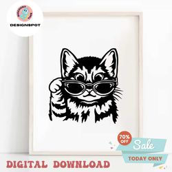 Cool Cat With Sunglasses SVG | Cute Animal Drawing Vinyl Stencil Graphics | Cricut Cut File Silhouette Clipart Vector Di