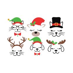 Christmas cat and dog Svg Bundle, Cat face Svg, Dog face Svg, Winter Svg, Holiday Svg, Digital Download