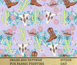 western boho cowgirl, boots, cute ,cactus ,seamless, western pattern fabric, digital print