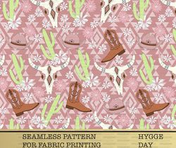 western boho cowgirl, boots, cute ,cactus ,seamless, western pattern fabric, digital print.