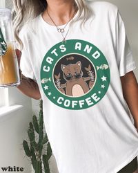 cats and coffee graphic tee, funny coffee chain parody shirt