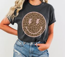 Leopard Lightning Smiley Face Vintage Vibe Comfort Colors Graphic Tee