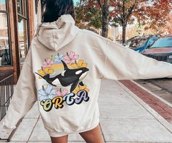90S Orca Whale Hoodie For Summer Vacation, Clothing Beachy Ocean Killer Whale Graphic Hoodie, Nature Lover Gift