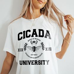 Cicada University TShirt, 2024 Periodical Cicadas Unisex Jersey Shirt, Funny Dark Academia Bug Humor Goblincore Shirt