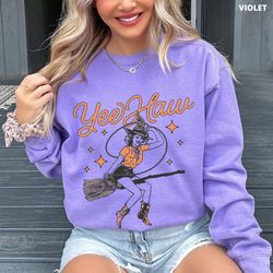 Yee Haw Vintage Halloween Cowgirl Witch Comfort Colors Sweatshirt, Witch Cowgirl Comfort Colors Crewneck