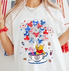 Winnie Pooh And Piglet Patriotic Mickey Balloon Tea Cup Comfort Colors Tee, 4th Of July Disney Friends T-Shirt, America