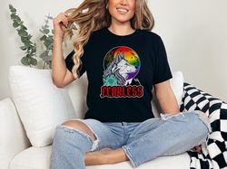 fearless wolf under the moon in rainbow colors t-shirt, best gift for wolf lovers white wolf nature shirt, empowerment