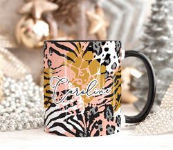 Leopard Print Art Mug, Personalised Mug, Custom Name Cup, Coffee Cup Gift For He