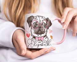 Cute Pug Mug, Personalised Mug, Custom Name Cup, Coffee Tea Cup Gift For Her, Va