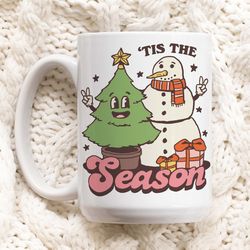 Christmas Tree Snowman Mug, Festive Tis the Season Christmas Cup, Hot Chocolate