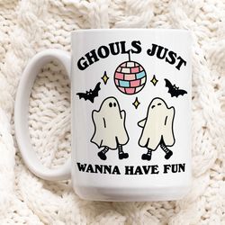 Disco Ghosts Halloween Mug, Bestie Cup Retro Quote, Ghould just wanna have fun,