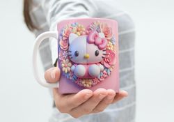 3D Effect Pastel Pink Kitty Mug, Coquette Floral Heart Mug