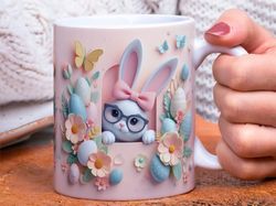Easter Bunny With Bow and Eyeglasses Mug, Pastel Rabbit Coffee Cup