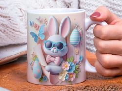 Easter Bunny With Bow and Eyeglasses Mug, Pastel Rabbit Coffee Cup, Easter Day Coffee Mug