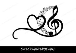 Musical Note Heart Instant Download SVG, PNG, EPS, Pdf, jpg digital download,Treble Clef Love Heart Svg, Treble Clef svg