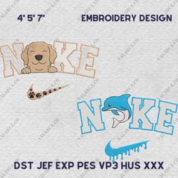 Nike Couple Dogs And Dolphin Embroidery Design, Animal Couple Nike Embroidery Design, Cute Nike Embroidery File