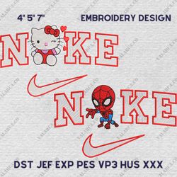 Hello Kitty And Spiderman Nike Embroidered Design, Nike Cartoon Movie Couple Embroidery Design, Instant Download