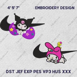 Swoosh Melody Kuromi Nike Embroidered Design, Nike Cartoon Movie Couple Embroidery Design, Instant Download