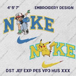 Nike Pikachu And Satoshi Embroidery Design, Pokemon Couple Nike Embroidery Design, Disney Movie Nike Embroidery File