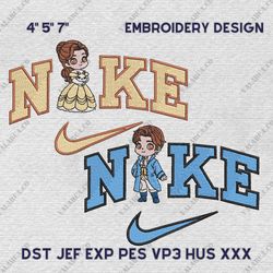 Nike Princess And Prince Embroidery Design, Belle Couple Nike Embroidery Design, Disney Cartoon Movie Nike Embroidery