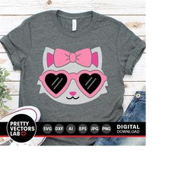 Cat Face with Bow Svg, Cute Cat with Sunglasses Svg, Girls Svg, Dxf, Eps, Png, Funny Kitten Cut Files, Baby Girl Clipart