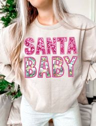 Santa baby preppy disco Christmas lights digital Faux Glitter Sequins Embroidery Letters PNG Christmas Lights, Trendy pi
