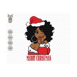 Merry Christmas Svg, Black Woman Svg, Merry And Bright Svg, Happy Christmas Svg, Trendy Christmas Svg, Winter Svg, Santa Hat, Afro Woman Svg
