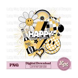 retro new year png-gold, lightning bolt smiley png, champagne png, sublimation design, digital download, groovy retro su