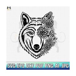 Wolf With Flowers Svg, Wolf Svg, Wolf Flower Svg, Wolf Head Svg, Wolf Clipart, Wolf Cricut, Wolf Cut file, Wolf Shirt, Wolf Face SVG PNG PDF