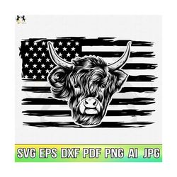 Highland Cow With USA Flag Svg, Cow Svg, Cow Head Svg, Cow Clipart, Cow Cricut, Cow Cut File, Dairy Cow Vector, Cow Face Svg, Cow Printable