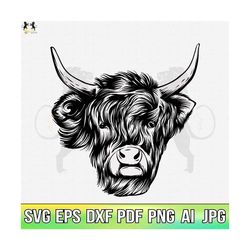 Highland Cow Svg, Cow Svg, Cow Head Svg, Cow Clipart, Cow Cricut, Cow Cut File, Dairy Cow Vector, Cow Face Svg, Cow Printable, Cow Shirt