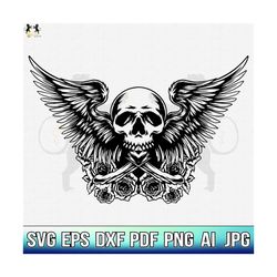 Skull With Wings SVG, Skull with Flowers SVG, Skull SVG, Skull and Roses Clipart, Skull Vector, Skull Cricut, Skull Cut Files, Skull Shirt