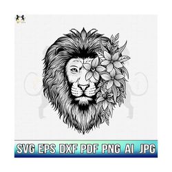Lion With Flowers Svg, Lion Svg, Lion Flower Svg, Lion Head Svg, Lion Clipart, Lion Cricut, Lion Cut file, Lion Shirt, Lion Face SVG PNG PDF