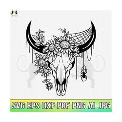 Cow Skull with Flowers Svg, Floral Cow Svg, Cow Svg, Bull Svg, Cow Skull Svg, Cow Skull Boho Svg, Cow Clipart, Cow Cricut, Cow Cutfile Png